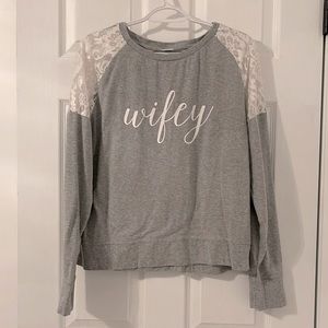 David’s Bridal “Wifey” Light Heather Gray Sweater with White Lace Shoulders